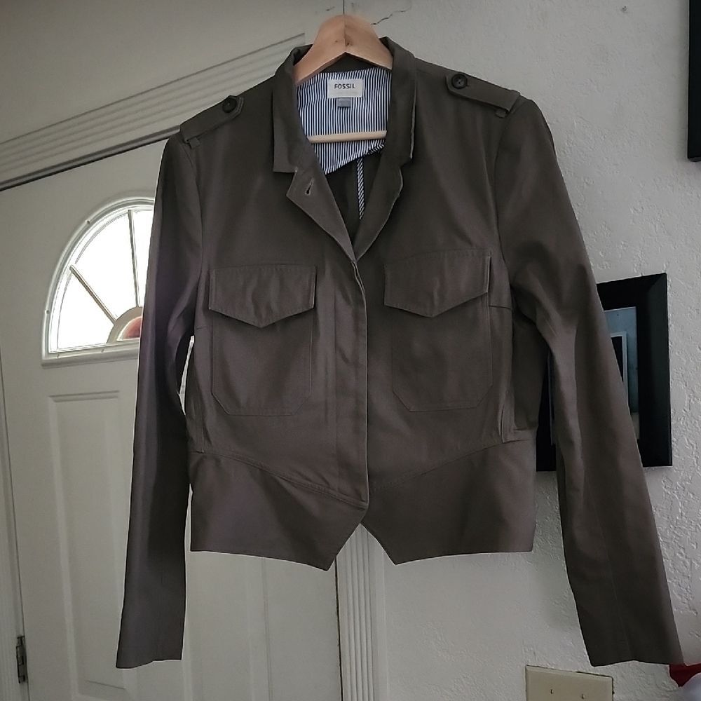 Fossil Women's Utility Jacket Olive Green Cropped Ike Style Sz Large